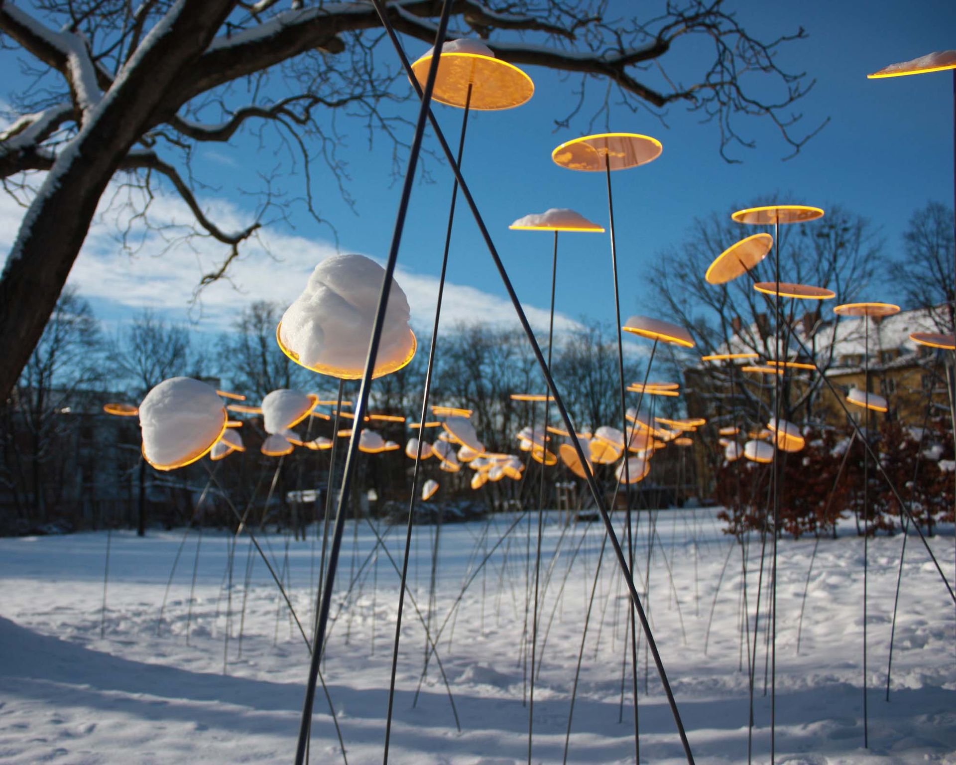 park decorated with standing up yellow discs