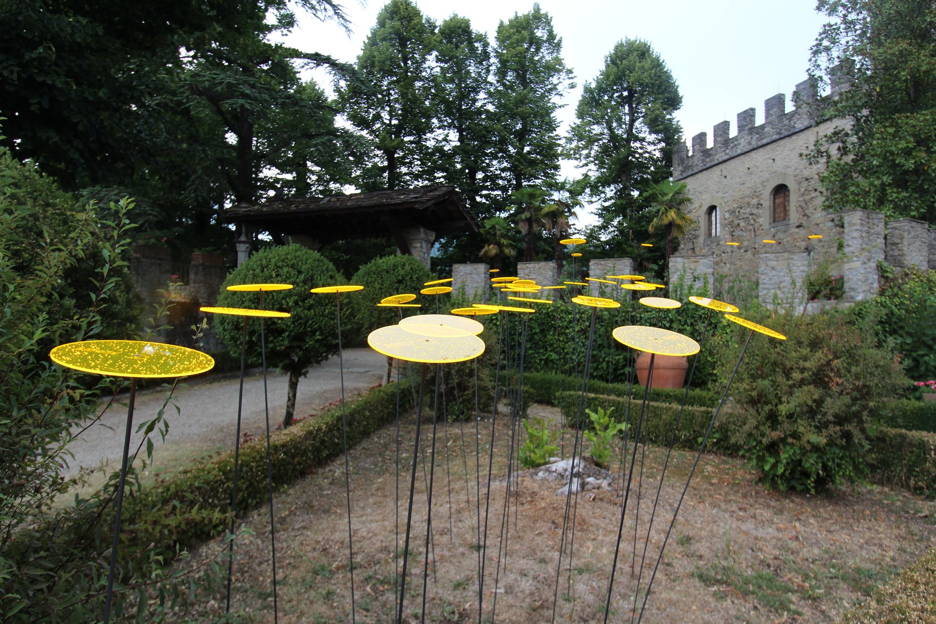 front yard with yellow art installation